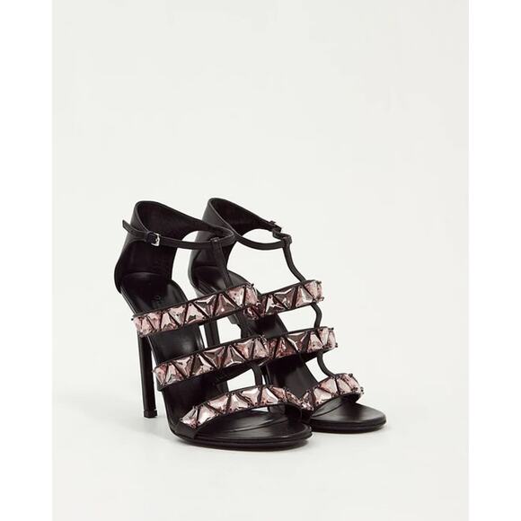 GUCCI Charlotte Black Leather Pink Crystal Jeweled Strappy Sandals Pump EU 39.5 - Picture 1 of 11